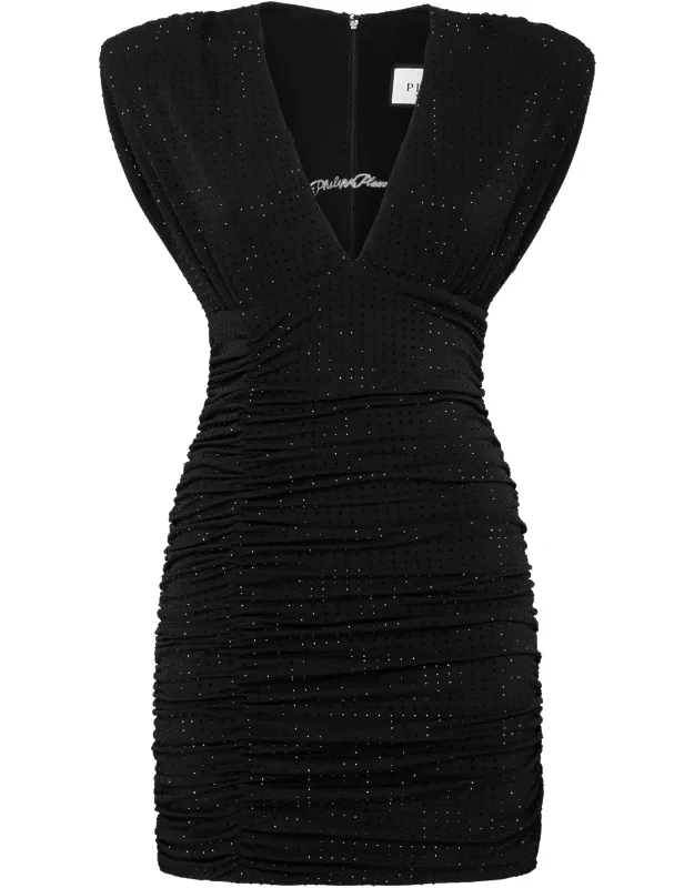 Jersey Mini Dress With Rhinestones And Padded Shoulders