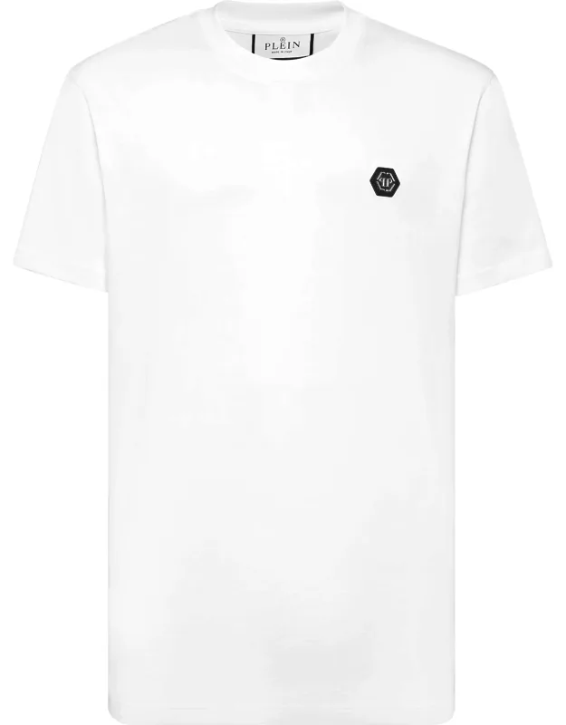T-shirt Round Neck Ss With Rib Knit Neckline And Fake Leather Patch