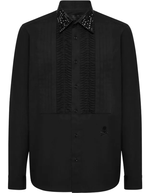 Black Tie Shirt Ls Strass With Rhinestones And Pleated Bib