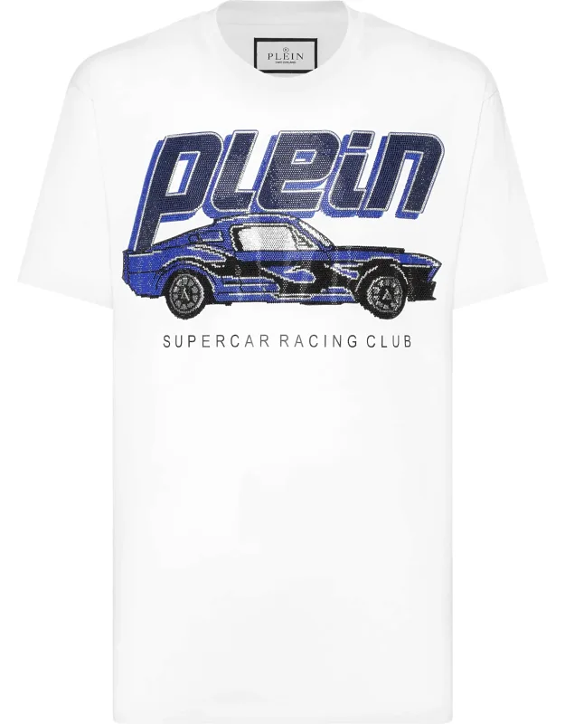 Jersey T-shirt Round Neck Ss Racing With Rhinestoned Pattern And Rib Knit Neckline