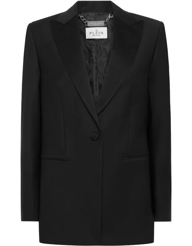 Wool Blazer With Shiny Satin Peak Lapels And Bejewelled Detail