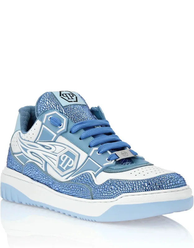 Leather Low-top Sneakers With Rhinestone Applications And Perforated Details