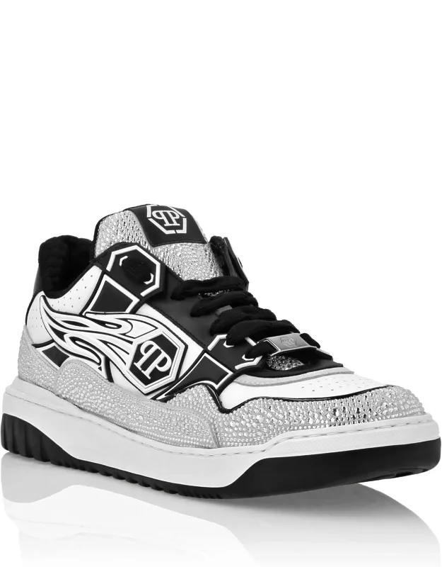 Leather Low-top Sneakers With Rhinestone Applications And Logoed Patch