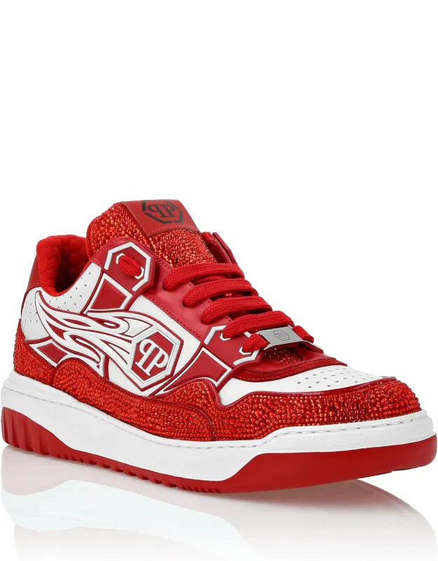 Leather Low-top Sneakers With Rhinestone Applications And Comfort Paddings