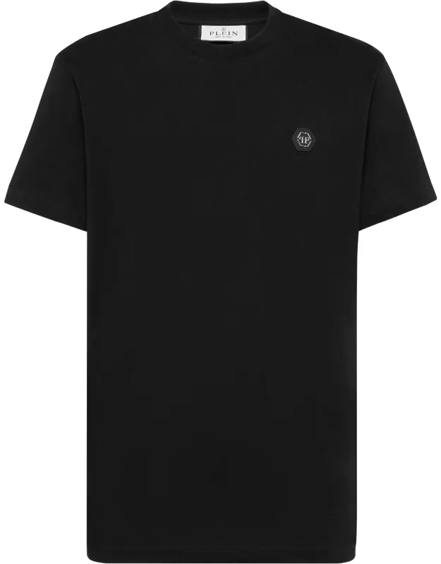 T-shirt Round Neck Ss With Fake Leather Patch And Logoed Patch