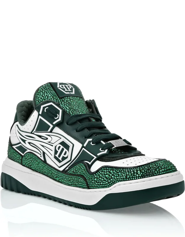 Leather Low-top Sneakers With Rhinestone Applications And Logoed Patch