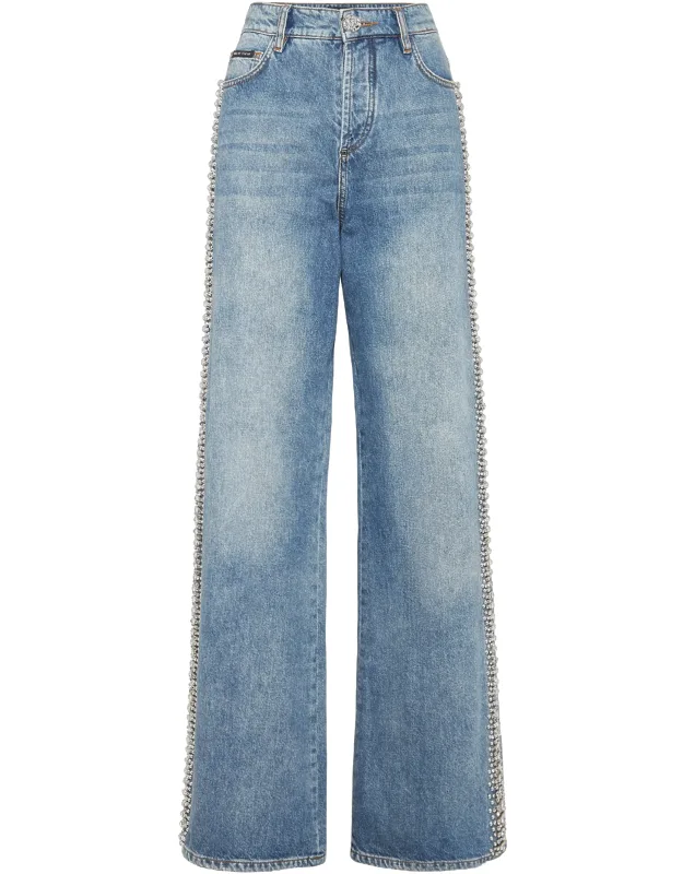 Denim Skater Fit Trousers Rib Rhinestones Application, Logoed Patch Sewn On The Right Rear Pocket