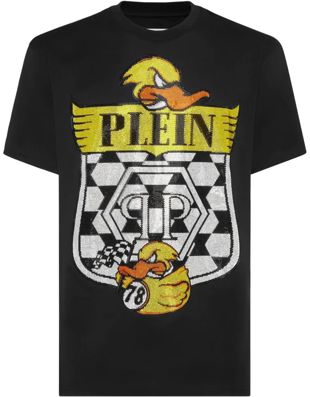 T-shirt Round Neck Ss Tee With Rhinestoned Pattern Print And Logoed Patch