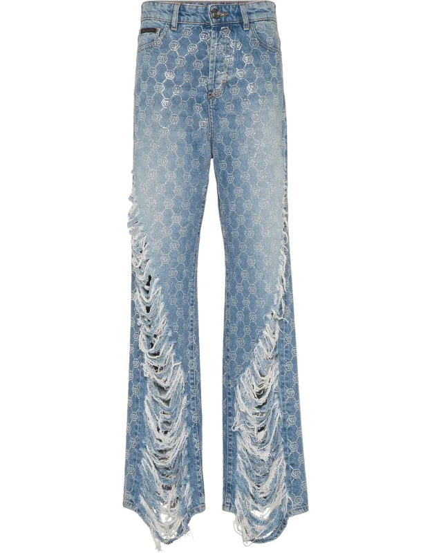 Skater Fit Trousers With Stone Washed Denim And Strass Monogram
