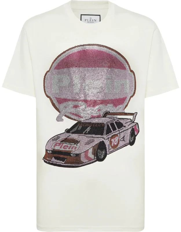 Jersey T-shirt Round Neck Ss Strass Racing With Rhinestoned Pattern And Rib Knit Neckline