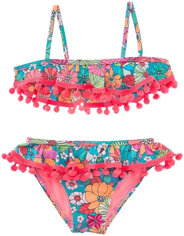 Beach Lingo 2pc Ruffle Bra & High-waist Bottom Swim Set With Self-tie Closure And Durable Material