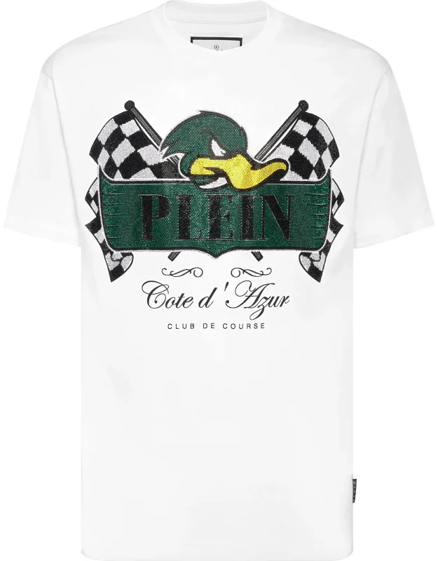 T-shirt Round Neck Ss Tee With Rhinestoned Pattern Print And Rib Knit Neckline