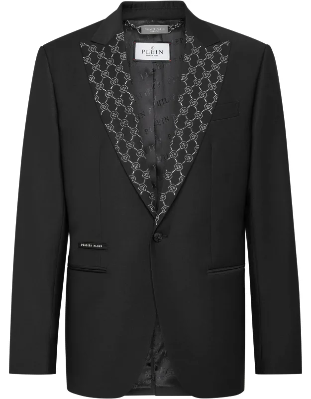 Wool Blazer With Satin Peak Lapel And Rhinestones