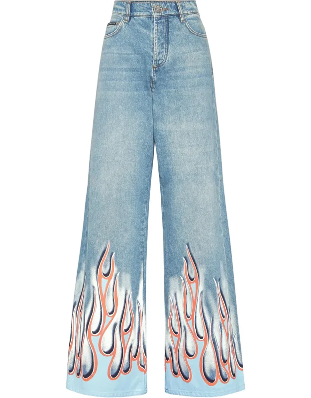 Denim Skater Fit Trousers With Logoed Patch And Metal Button