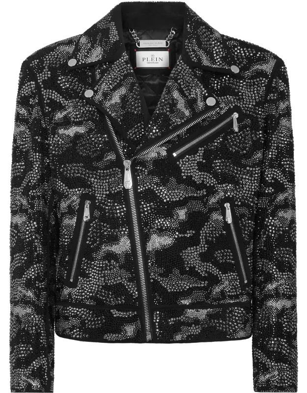 Strass Leather Biker Jacket With Crystal Camouflage Pattern