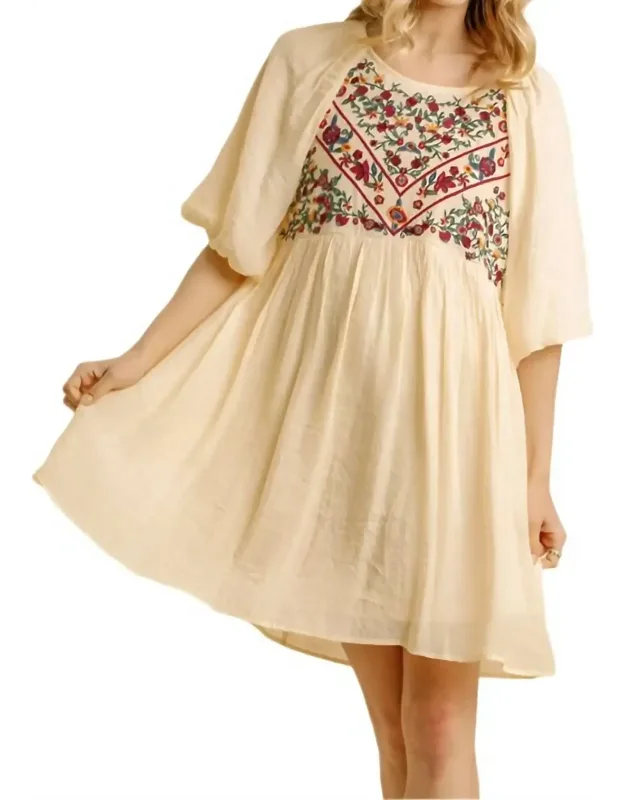 Floral Embroidered Balloon Sleeve Dress
