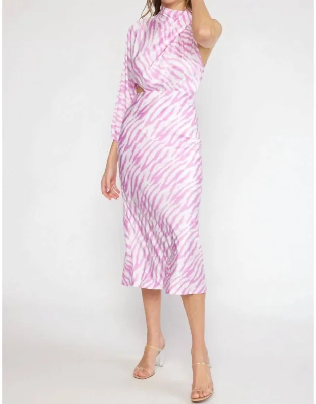 Satin Zebra One Shoulder Midi Dress