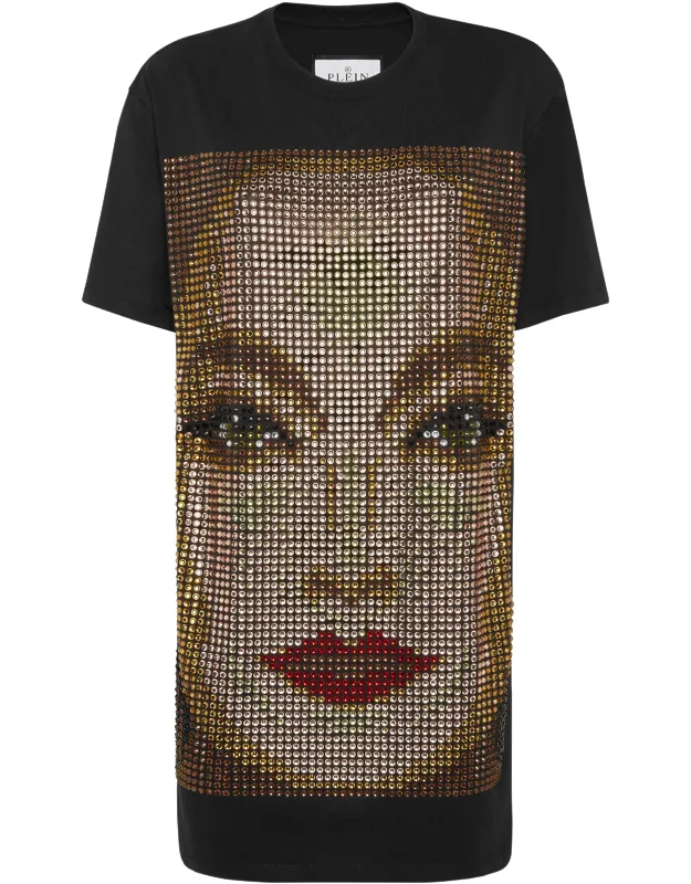 T-shirt Short Dress With Bejewelled Face Print And Rib Knit Neckline
