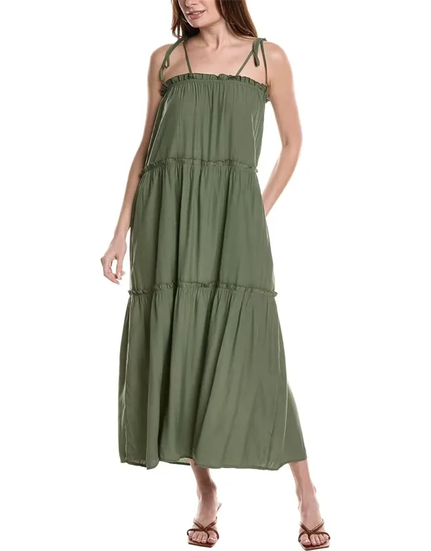 Tiered Midi Dress With Tie Shoulders And Olive Color