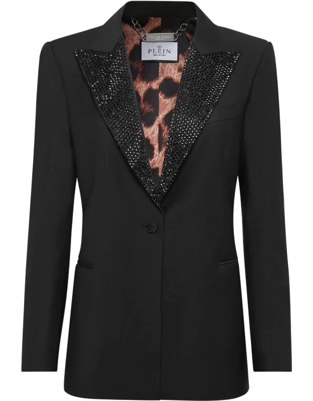 Wool Boxy Blazer With Rhinestones And Peak Lapels