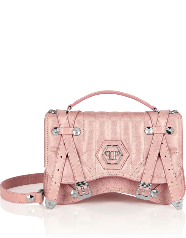 Shiny Crackle Leather Belt Handle Bag Medium Hexagon