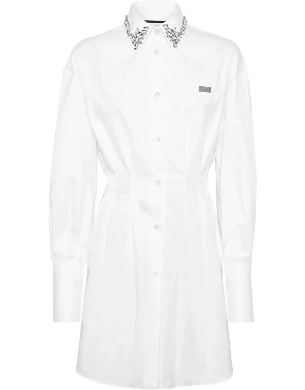 Mini Shirt Dress Ls With Rhinestone Collar And Darts