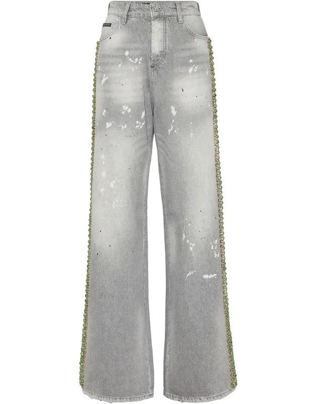 Denim Skater Fit Trousers Rib Rhinestones Application, Logoed Patch Sewn On The Right Rear Pocket