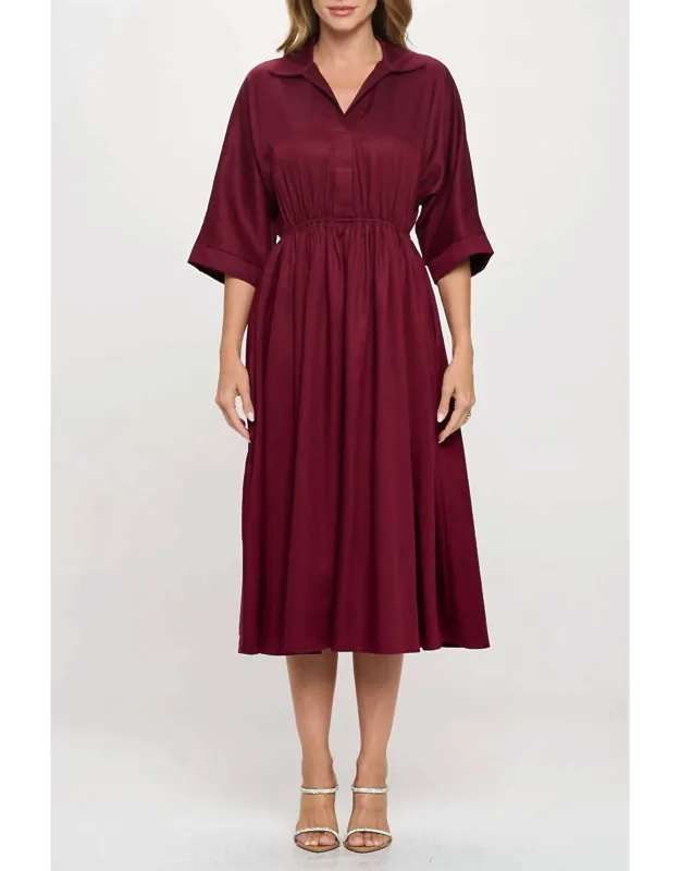 Collared V Neck Midi Dress With Pockets