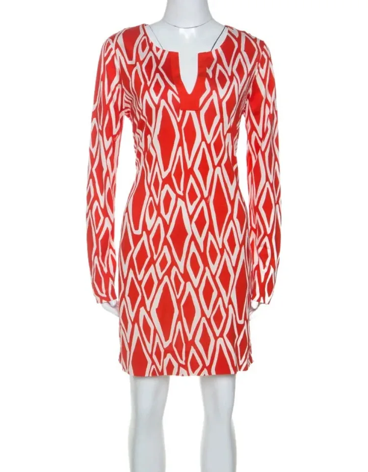 Ikat Print Silk Long Sleeve Dress