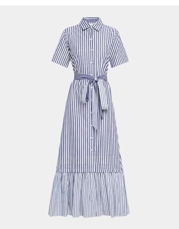 Flounce Striped Cotton Midi Shirtdress