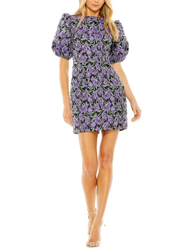 Bubble Sleeve Brocade Mini Dress