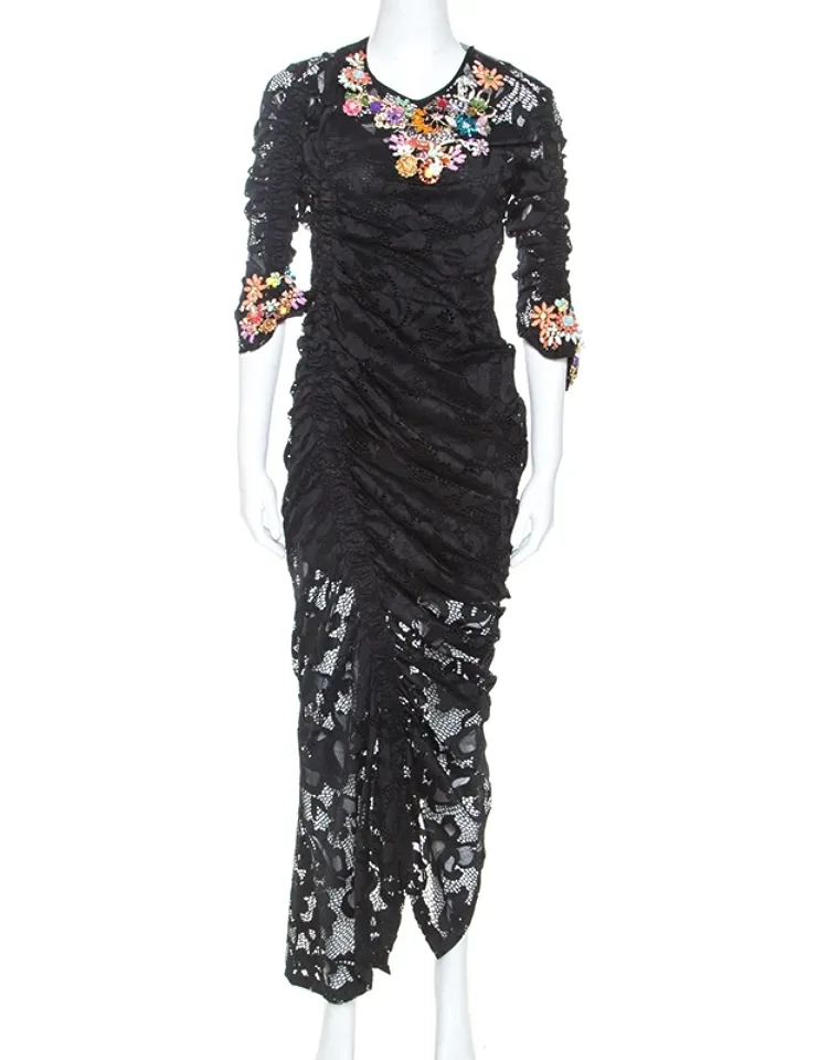 Stretch Lace Embellished Detail Ruched Dress