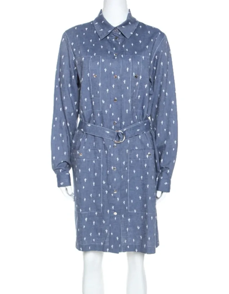 Denim Cactus Print Belted Shirt Dress