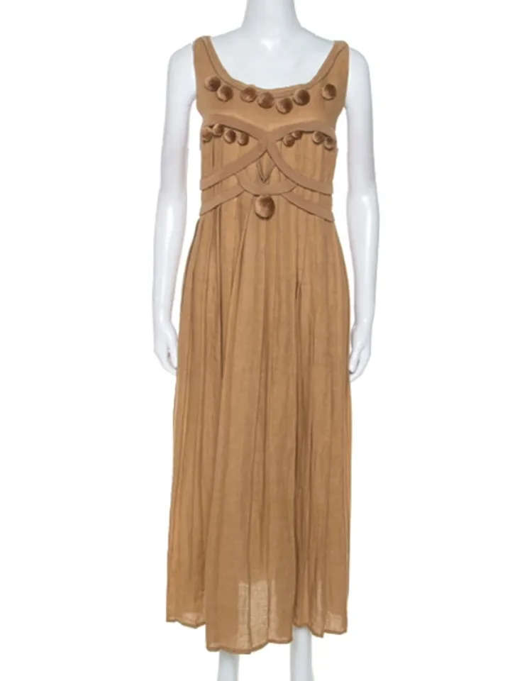 Linen Pom Pom Detail Pleated Dress
