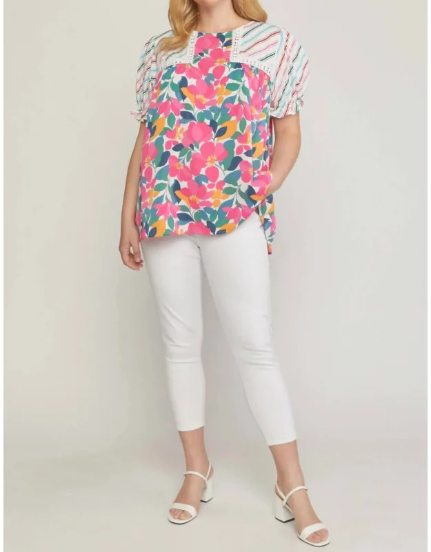 Mixed Print & Lace Blouse With Short Sleeves And Keyhole Button Closure