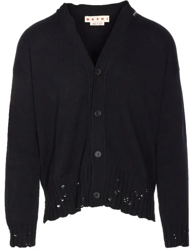 Knitted Cardigan With Buttons Closure, Long Sleeves, Distressed, Embroidered Logo On Collar