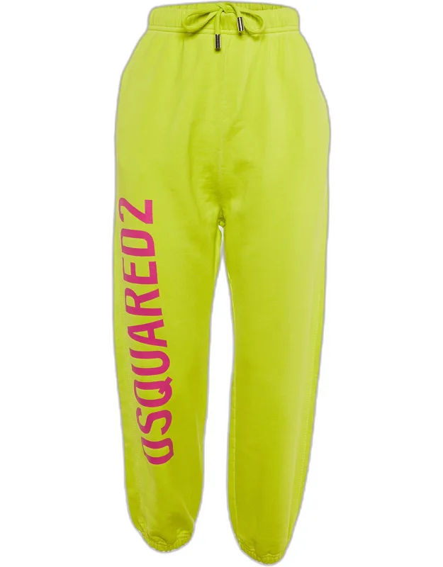 Neon Green Cotton Knit Logo Printed Joggers