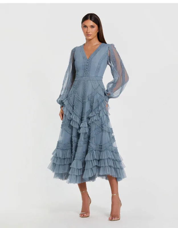 Long Sleeve V-neck Micro Ruffle Wedding Guest Midi Dress