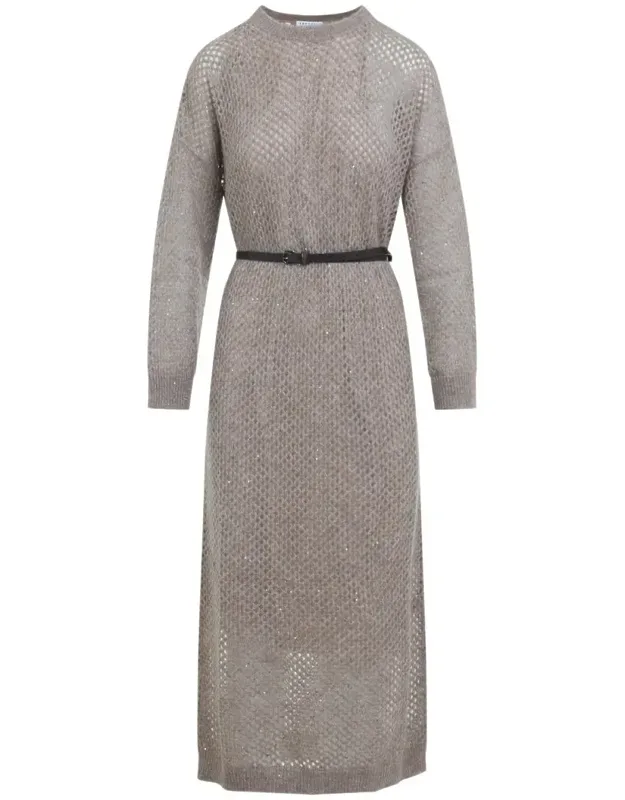 Dress With Detachable Belt And Ribbed Hem