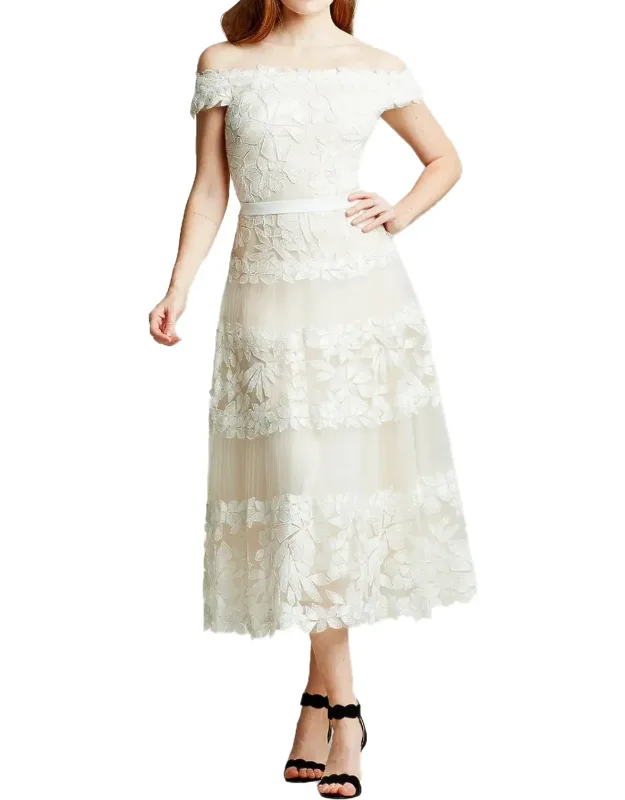 Adriane Floral Embroidered Dress With Off-shoulder And Tea-length Hem