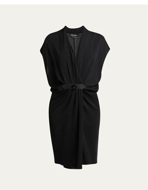 Gathered Leather Buckle Silk Dress