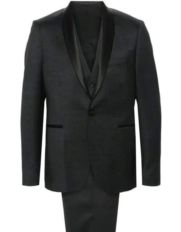Single-breasted Wool Blend Suit With Satin Lapels