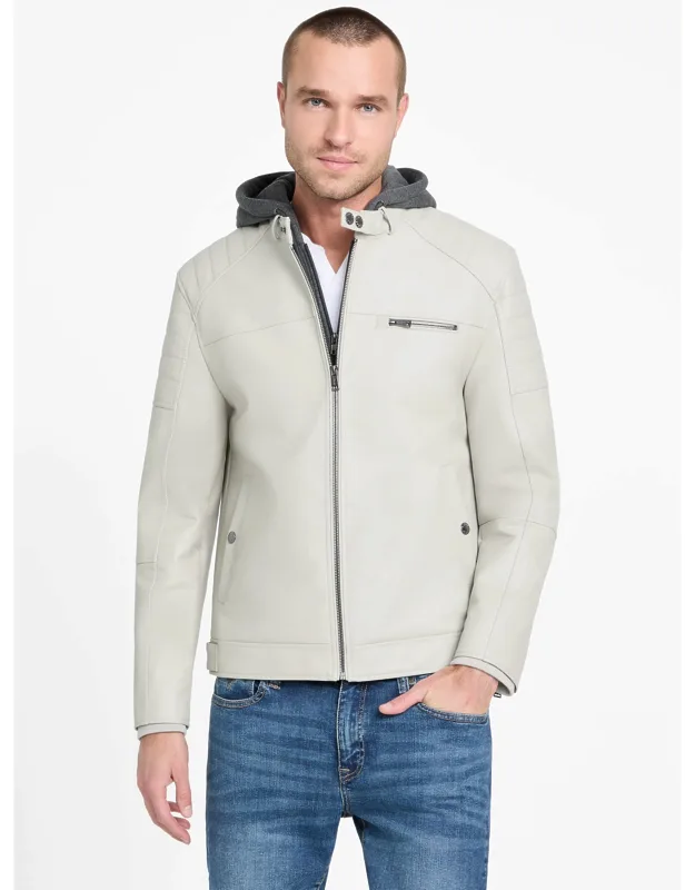 Faux-leather Hooded Moto Jacket