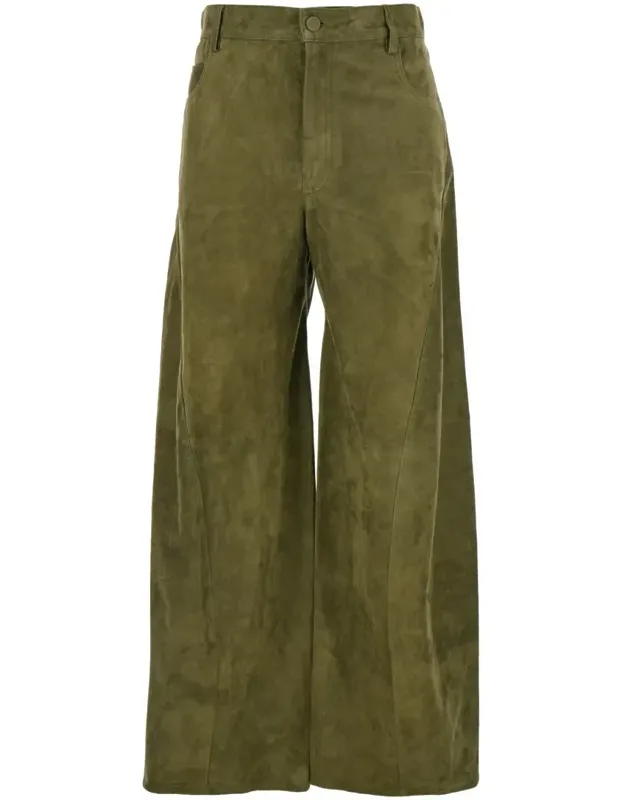 Wide Leg Suede Pants With Logo Patch