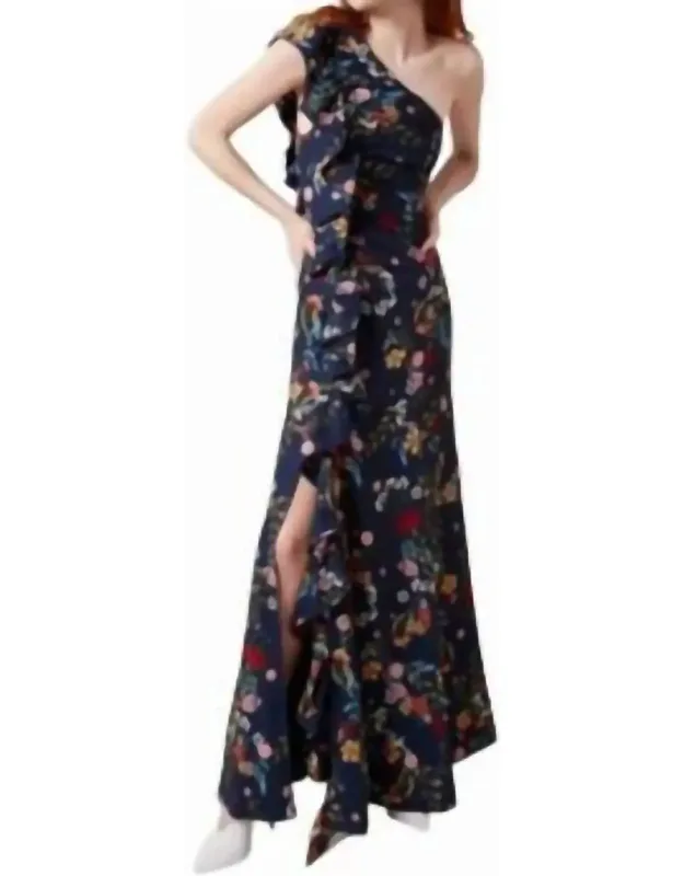 One Shoulder Ruffle Floral Maxi Dress