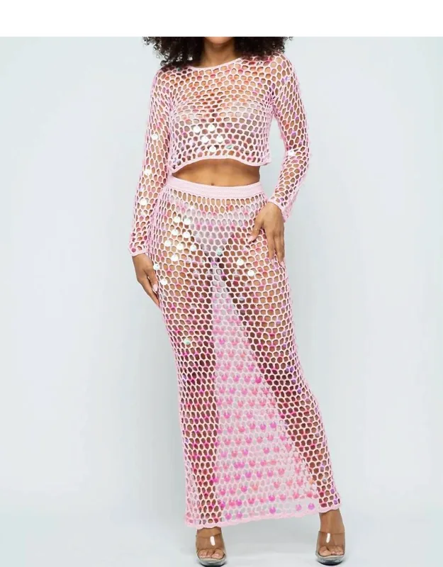 Shine Bright Fishnet Crochet Top And Skirt Set