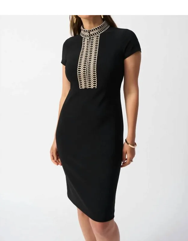 Embellished High-neck Sheath Dress - Perfect Length & Sophisticated