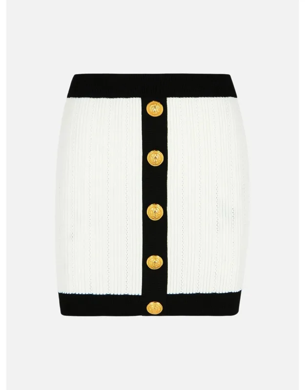 Mini Skirt In Viscose Blend With Ribbed Contrast Waistband And Decorative Buttons