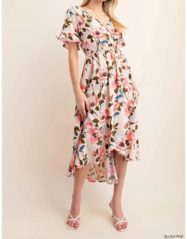 Floral V Neck High Low Elastic Waist Midi Dress
