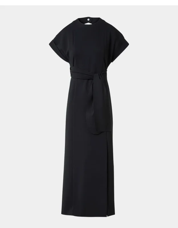 Dot Cutout Short-sleeve Belted Midi Slit Dress